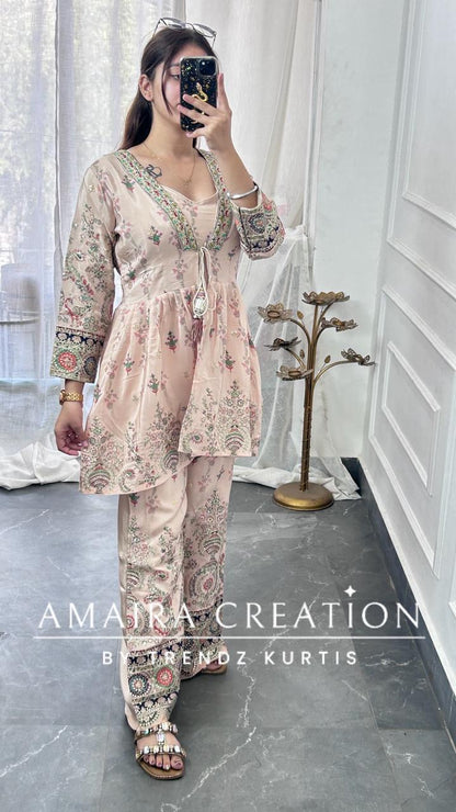 Premium Crepe Beautiful Embroidered 3 Pc Jacket Set