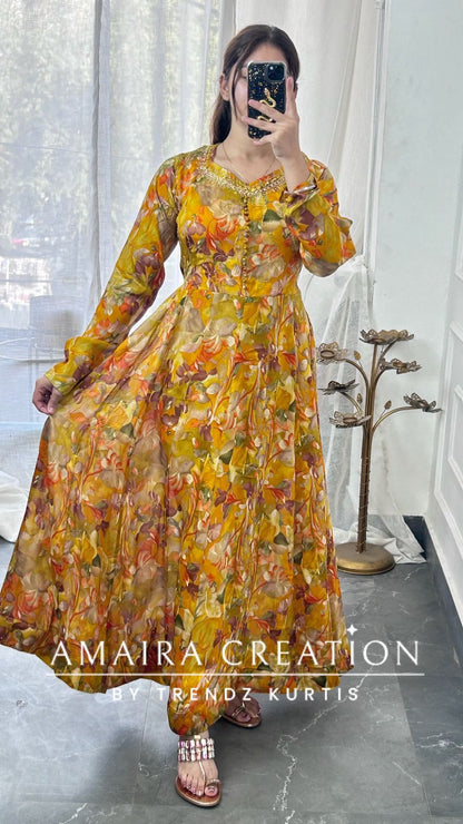 Premium Chinnon Colour Anarkali Set