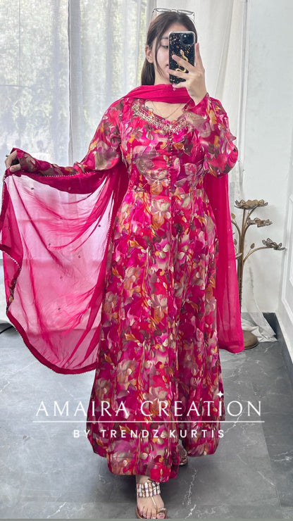 Premium Chinnon Colour Anarkali Set