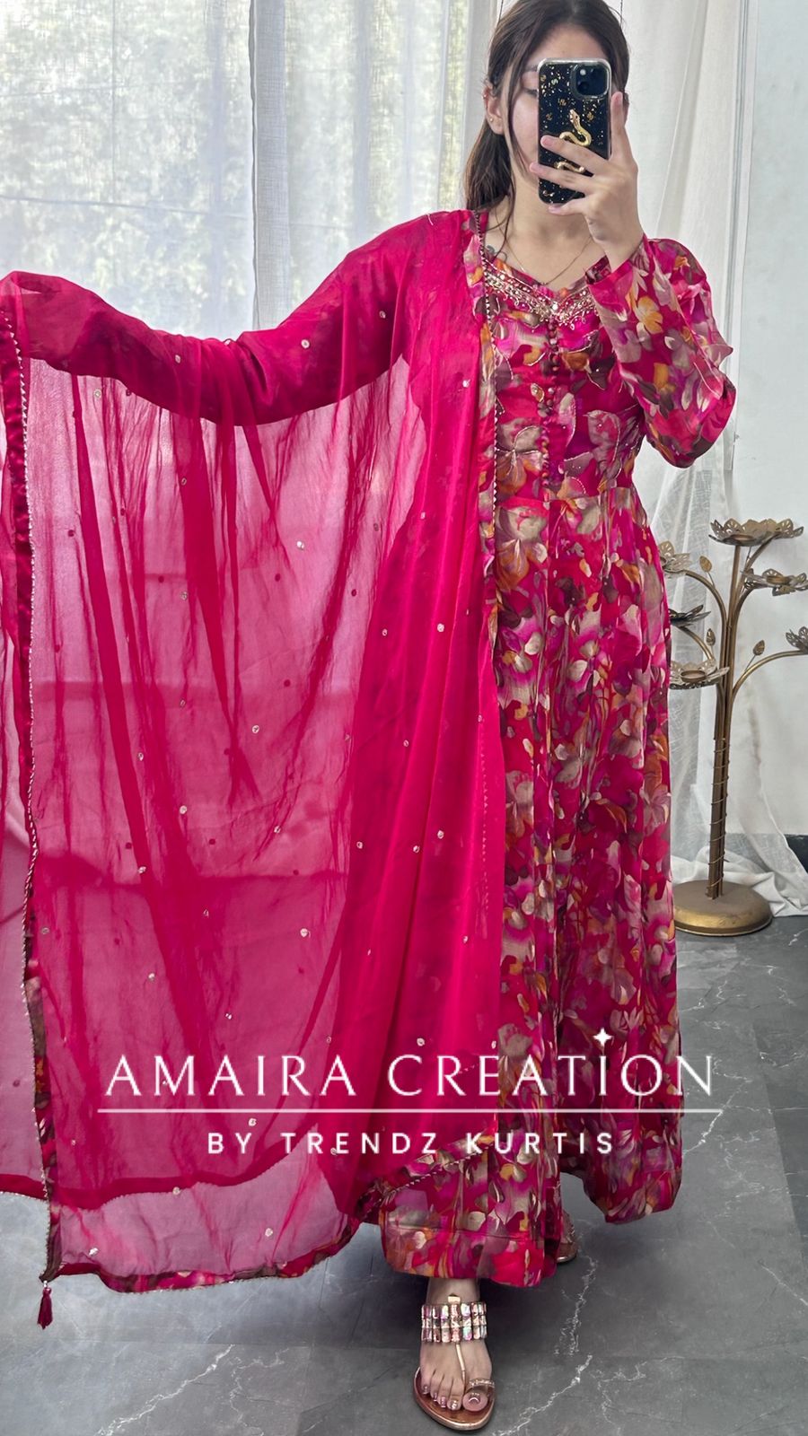 Premium Chinnon Colour Anarkali Set