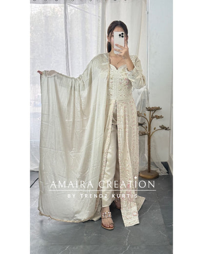 Premium Glass tissue Cream Colour Fully Handwork Centre Slit Anarkali Set