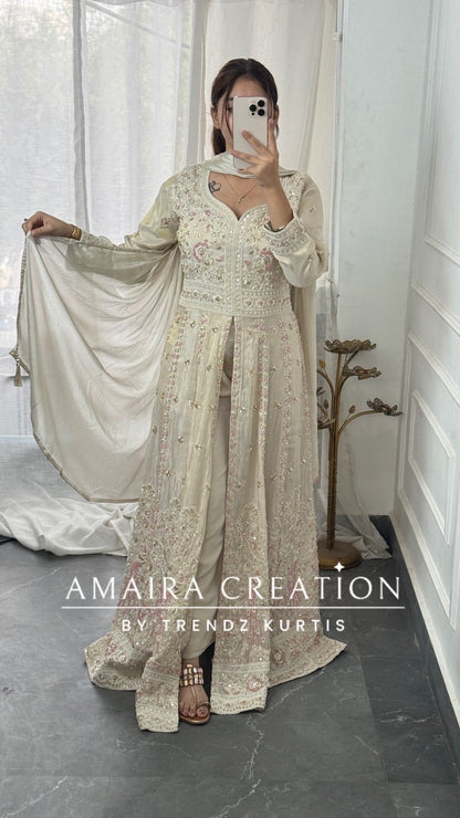 Premium Glass tissue Cream Colour Fully Handwork Centre Slit Anarkali Set