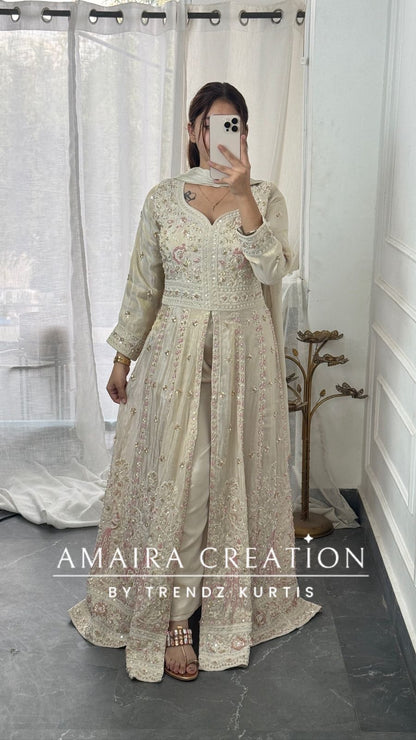 Premium Glass tissue Cream Colour Fully Handwork Centre Slit Anarkali Set