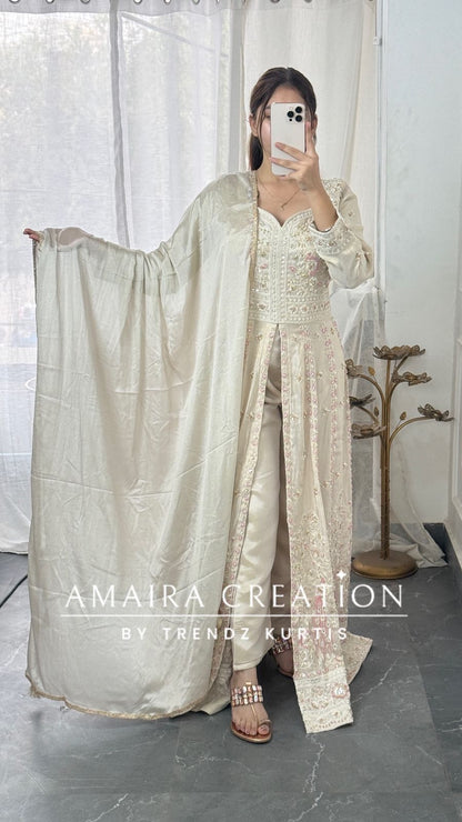 Premium Glass tissue Cream Colour Fully Handwork Centre Slit Anarkali Set