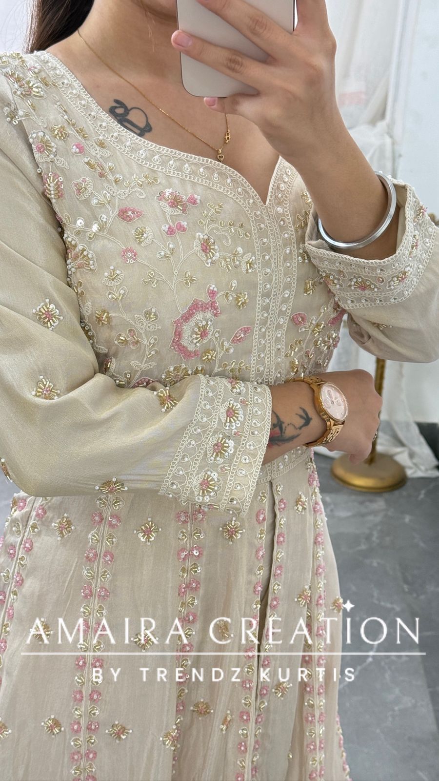 Premium Glass tissue Cream Colour Fully Handwork Centre Slit Anarkali Set