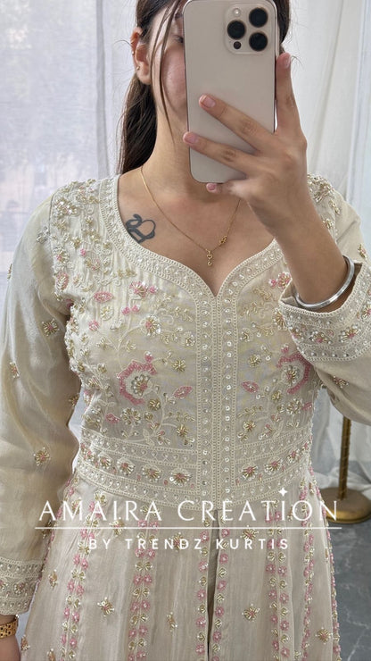 Premium Glass tissue Cream Colour Fully Handwork Centre Slit Anarkali Set