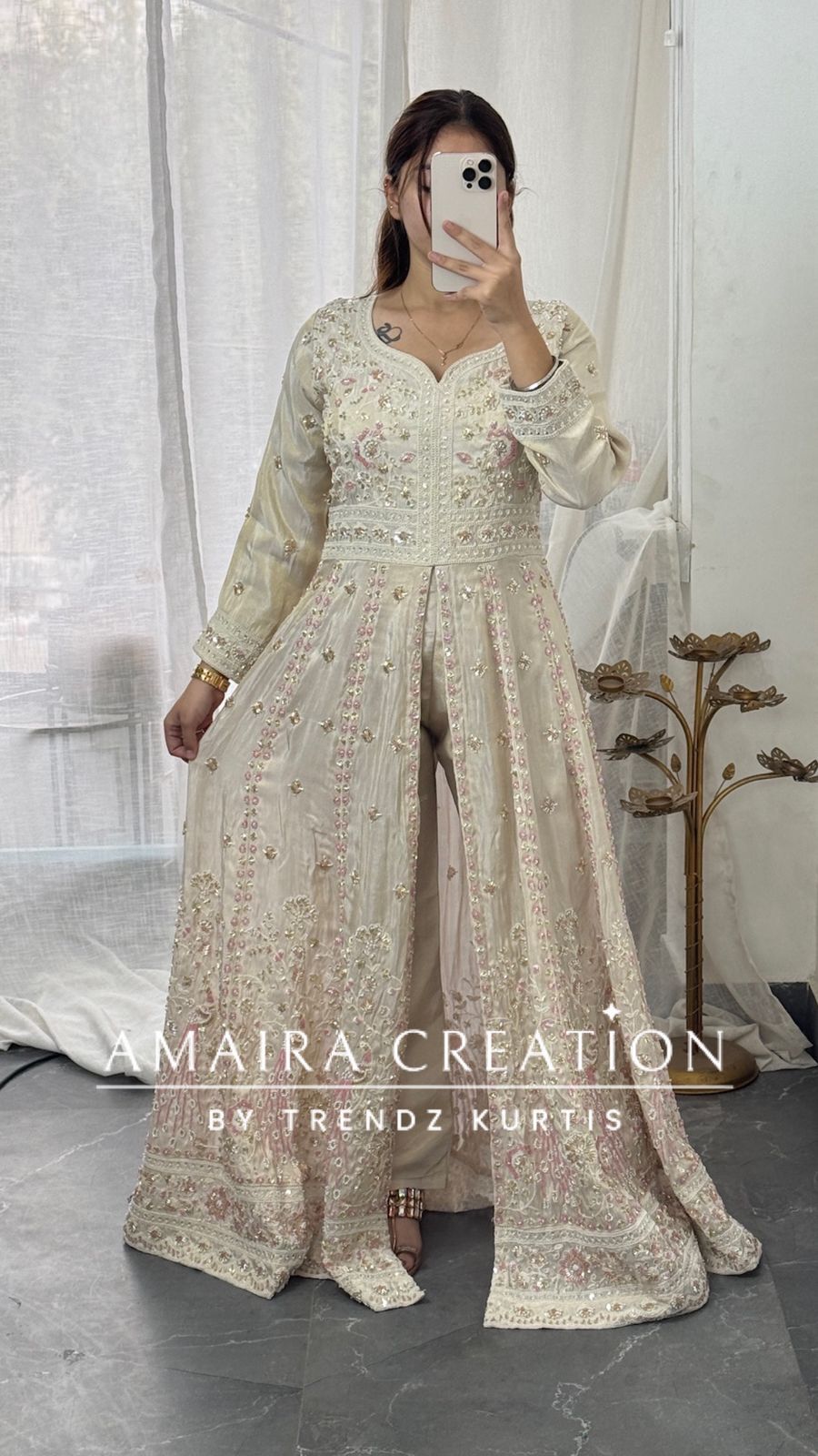 Premium Glass tissue Cream Colour Fully Handwork Centre Slit Anarkali Set