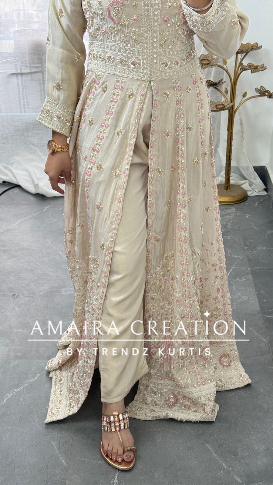 Premium Glass tissue Cream Colour Fully Handwork Centre Slit Anarkali Set