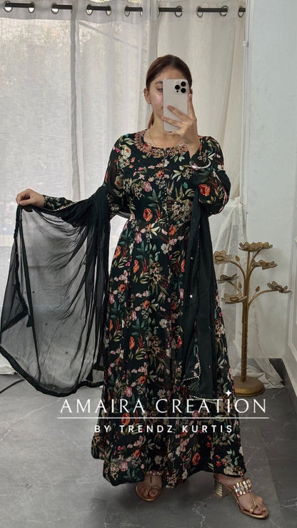 Premium Chinnon Dark Bottle Green Anarkali Set