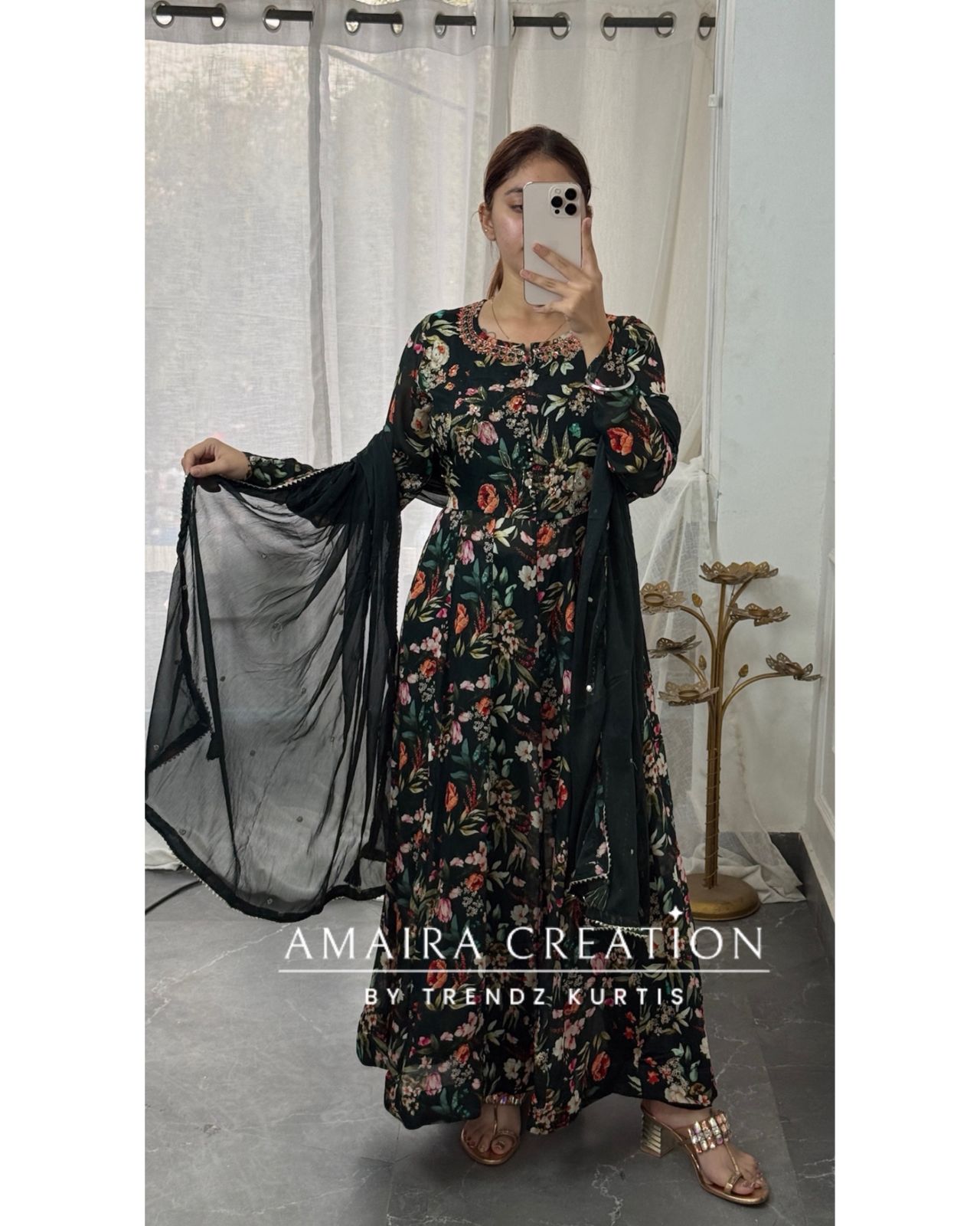 Premium Chinnon Dark Bottle Green Anarkali Set