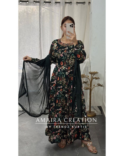 Premium Chinnon Dark Bottle Green Anarkali Set