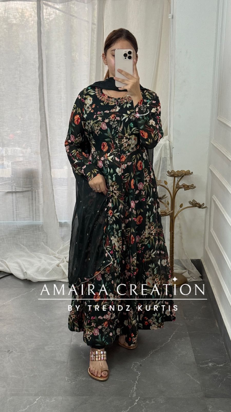 Premium Chinnon Dark Bottle Green Anarkali Set