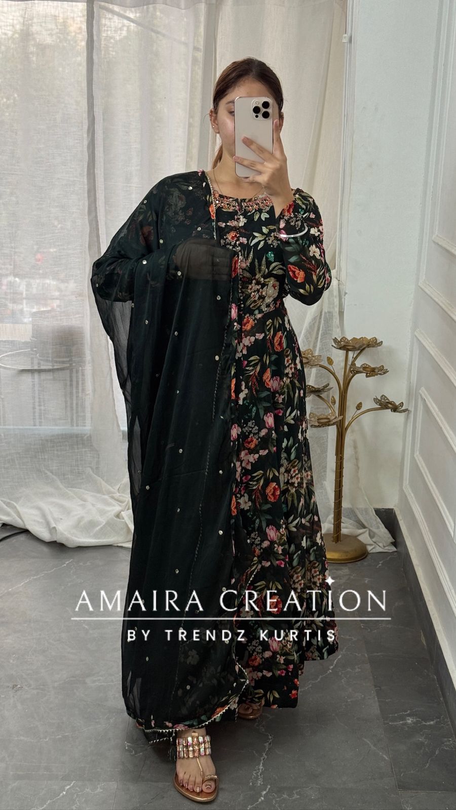 Premium Chinnon Dark Bottle Green Anarkali Set