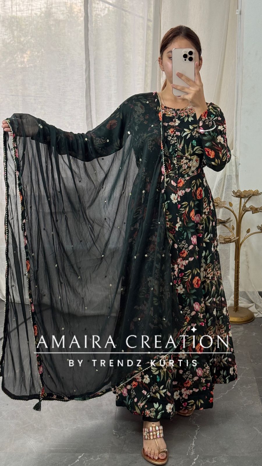 Premium Chinnon Dark Bottle Green Anarkali Set