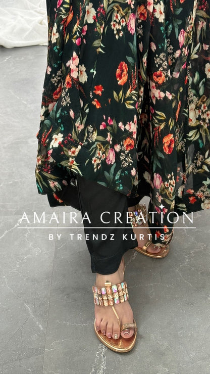 Premium Chinnon Dark Bottle Green Anarkali Set