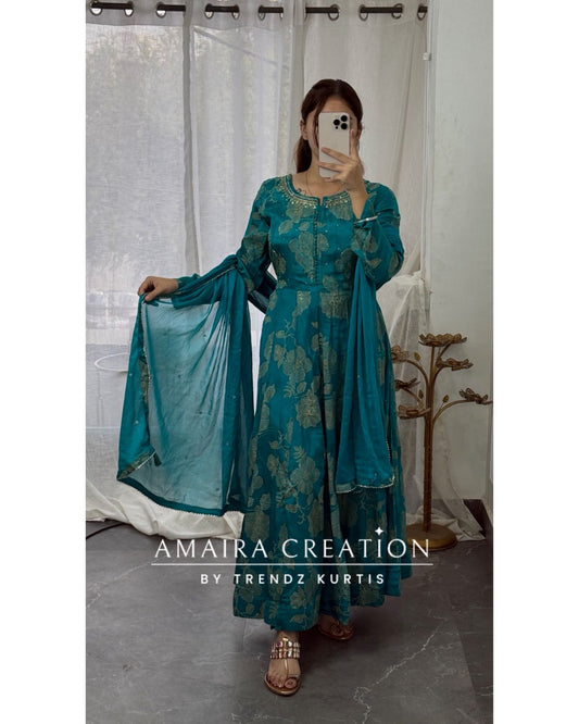 Premium Chinnon Rama Green Anarkali Pant Set