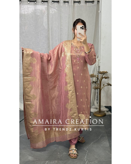 Premium Glass Tissue Banarasi Peach Pant Set With Banarasi Dupatta