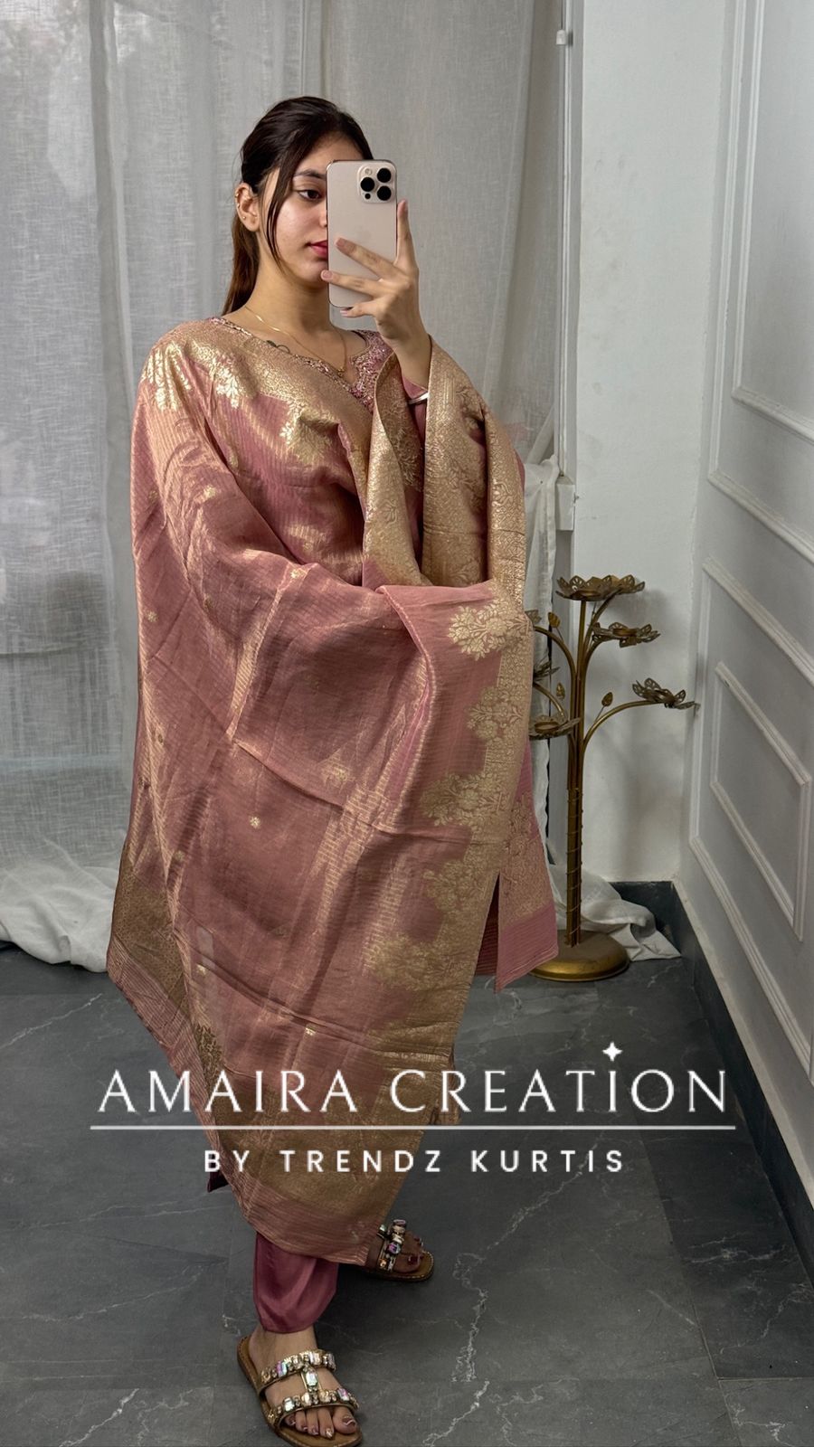Premium Glass Tissue Banarasi Peach Pant Set With Banarasi Dupatta