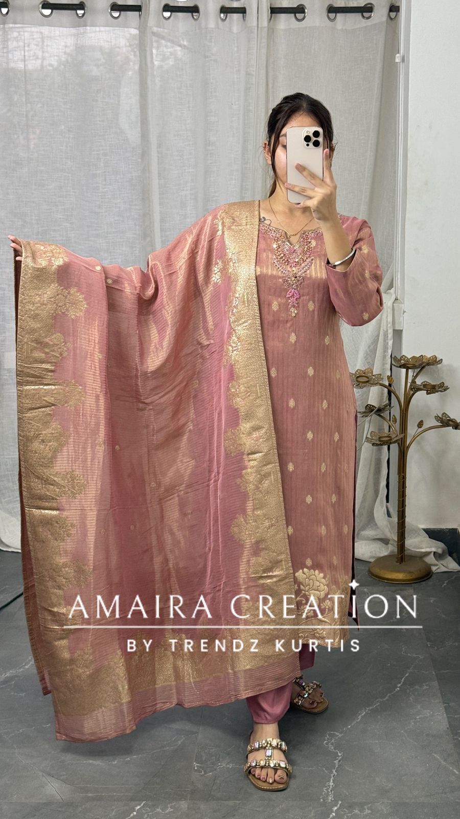 Premium Glass Tissue Banarasi Peach Pant Set With Banarasi Dupatta