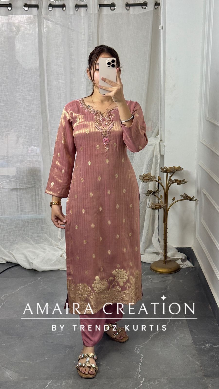 Premium Glass Tissue Banarasi Peach Pant Set With Banarasi Dupatta