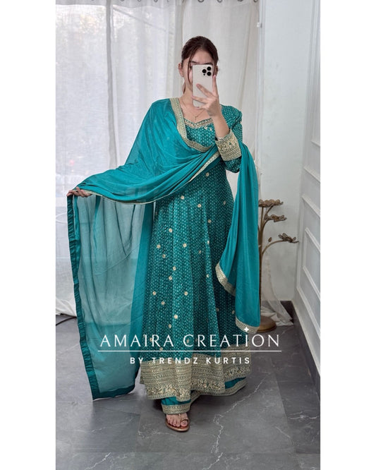 Premium Chinnon Rama Green Colour Bandez Print Anarkali With Plazo