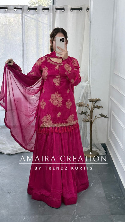 Premium Chinnon Pink Colour Skirt Set