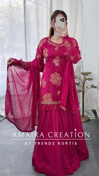Premium Chinnon Pink Colour Skirt Set