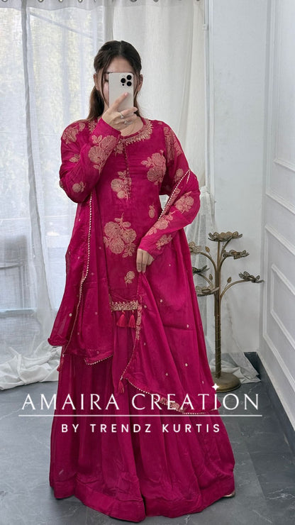 Premium Chinnon Pink Colour Skirt Set