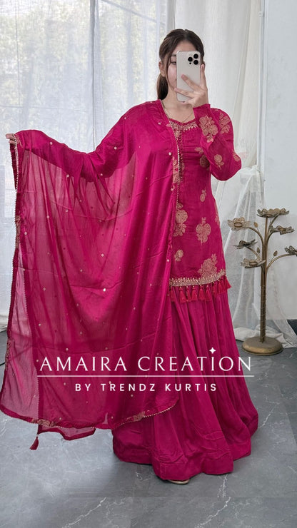 Premium Chinnon Pink Colour Skirt Set