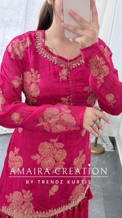 Premium Chinnon Pink Colour Skirt Set