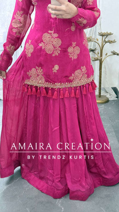 Premium Chinnon Pink Colour Skirt Set