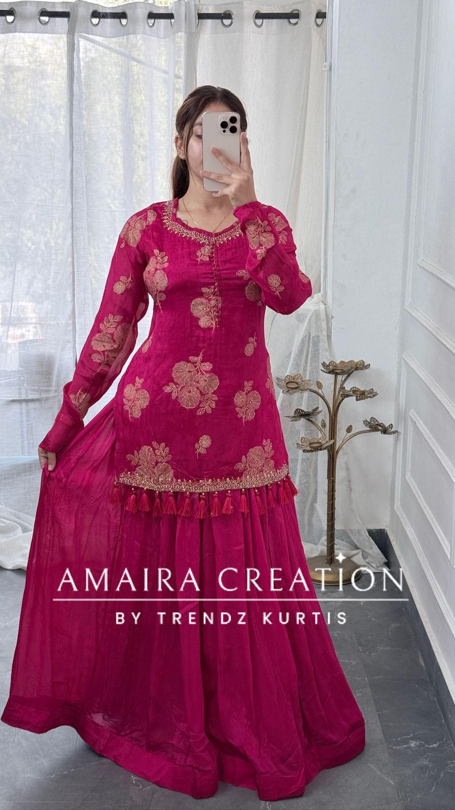 Premium Chinnon Pink Colour Skirt Set