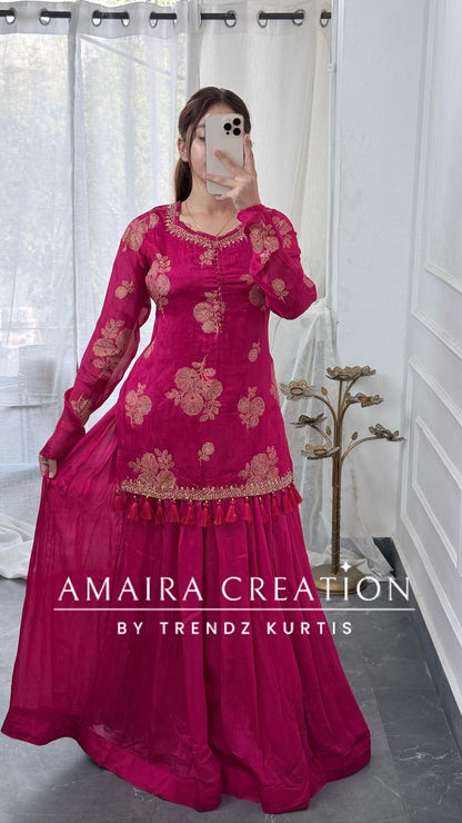 Premium Chinnon Pink Colour Skirt Set