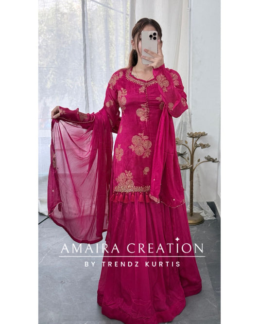 Premium Chinnon Pink Colour Skirt Set