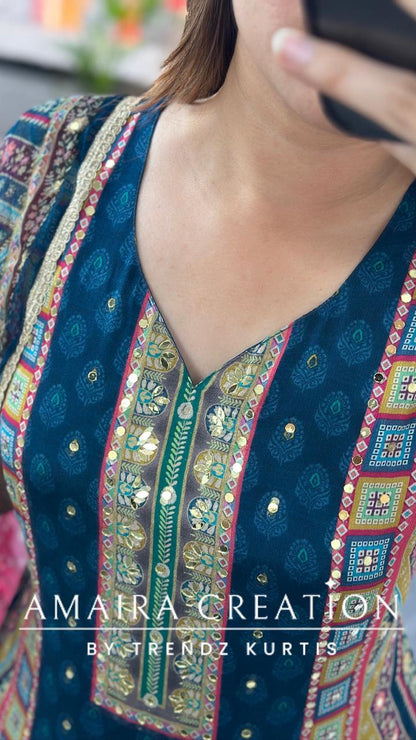 Premium Chinnnon Multi Blue Colour Pant Set