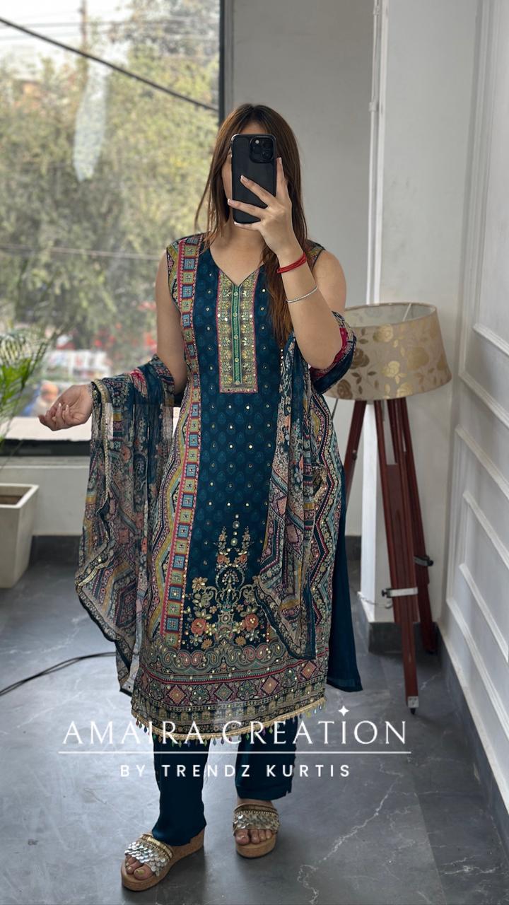 Premium Chinnnon Multi Blue Colour Pant Set