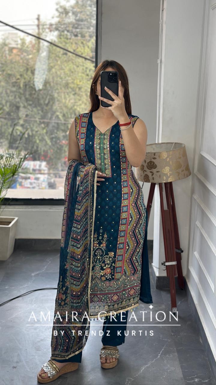 Premium Chinnnon Multi Blue Colour Pant Set