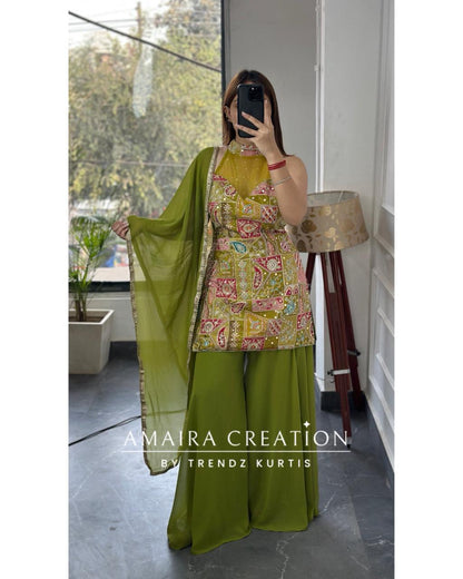 Premium Crepe Halter Neck Green Colour Georgette Divider Set