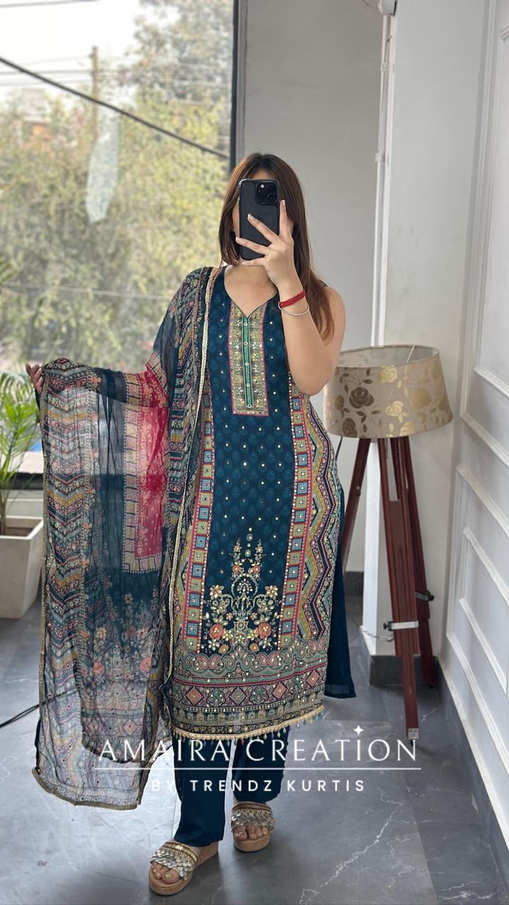 Premium Chinnnon Multi Blue Colour Pant Set