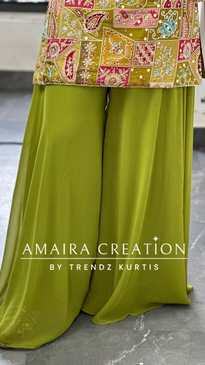 Premium Crepe Halter Neck Green Colour Georgette Divider Set