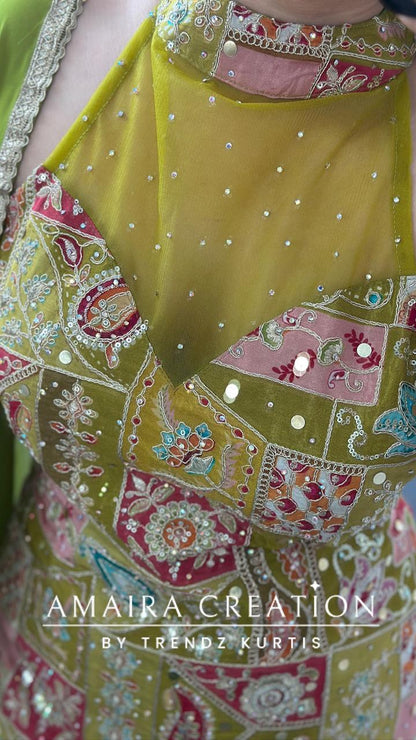 Premium Crepe Halter Neck Green Colour Georgette Divider Set