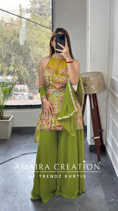 Premium Crepe Halter Neck Green Colour Georgette Divider Set