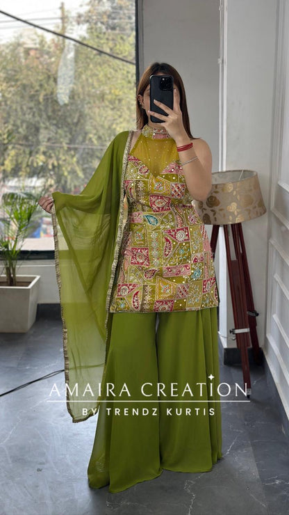 Premium Crepe Halter Neck Green Colour Georgette Divider Set