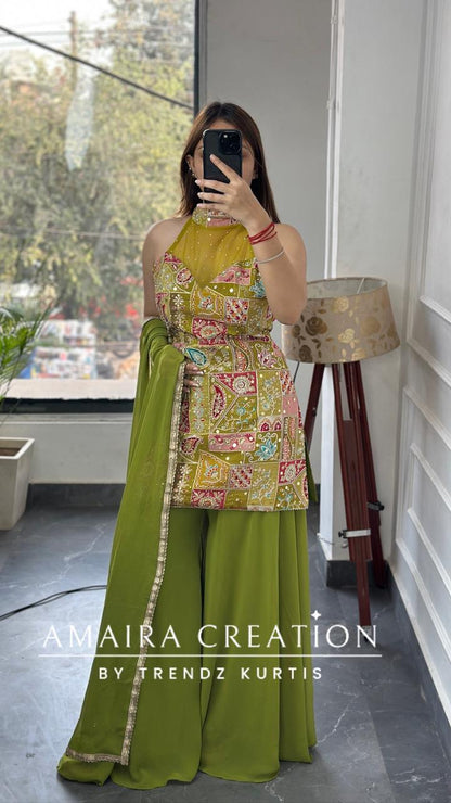 Premium Crepe Halter Neck Green Colour Georgette Divider Set