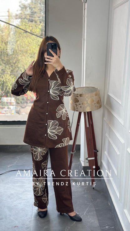 Premium Woolen Rust Colour Wonderful Thread Embroidered Cord Set