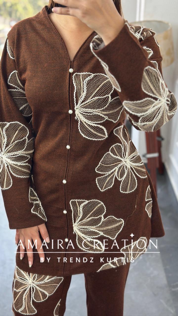 Premium Woolen Rust Colour Wonderful Thread Embroidered Cord Set