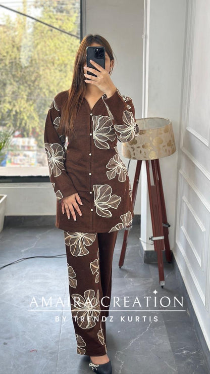 Premium Woolen Rust Colour Wonderful Thread Embroidered Cord Set