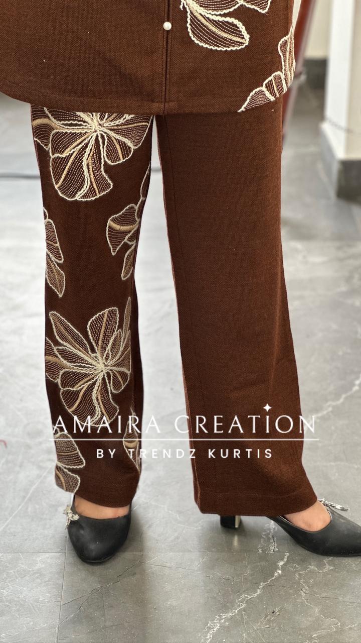 Premium Woolen Rust Colour Wonderful Thread Embroidered Cord Set