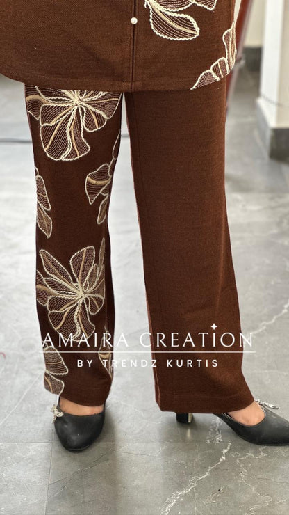 Premium Woolen Rust Colour Wonderful Thread Embroidered Cord Set