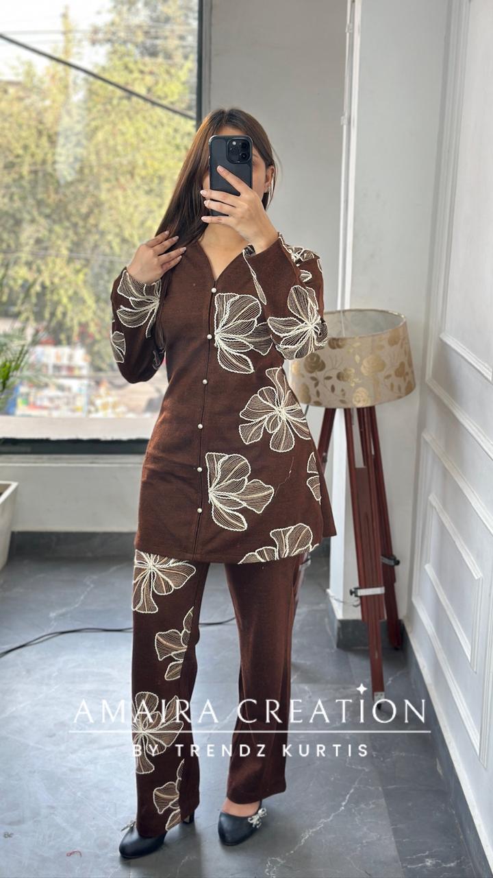 Premium Woolen Rust Colour Wonderful Thread Embroidered Cord Set